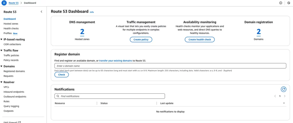 Screenshot showing the main Route 53 dashboard in AWS Management Console.