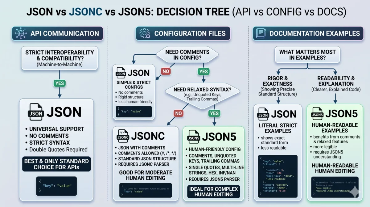 JSON vs JSONC vs JSON5 decision tree (API vs config vs docs) infograph