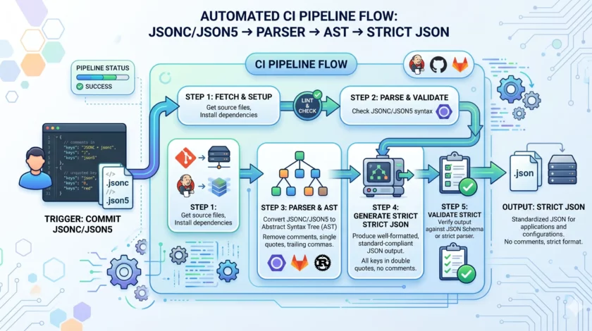Pipeline: JSONC/JSON5 → parser → AST → strict JSON